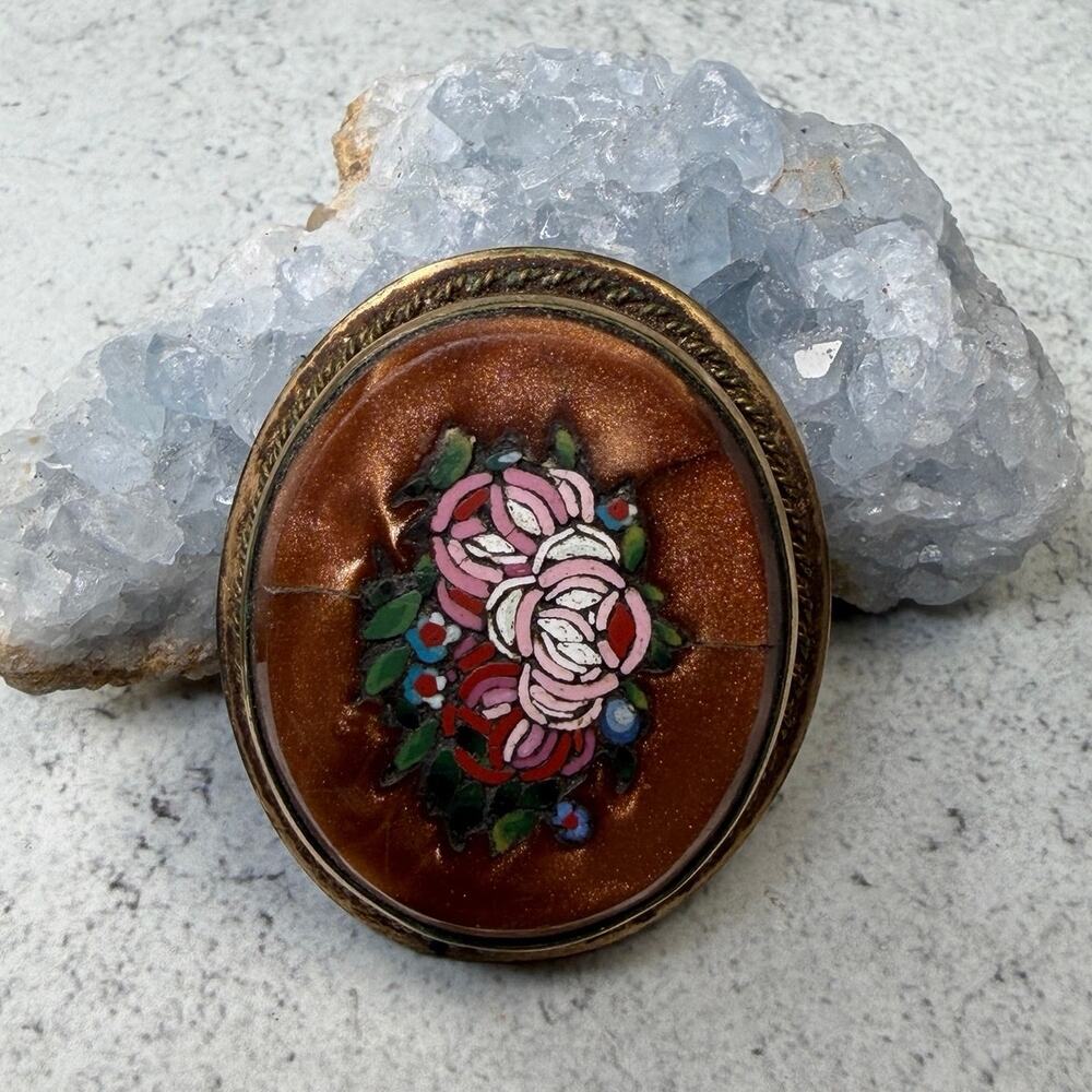 Antique Italian Micromosaic Floral Victorian Brooch Pendant Goldstone Pin Mosaic